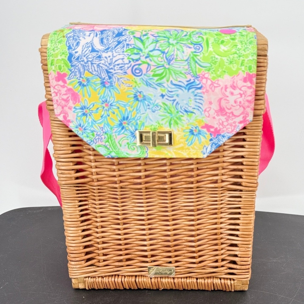 Lilly Pulitzer Wicker Wine Carrier Rattan Picnic Basket Floral Insulated Pink
